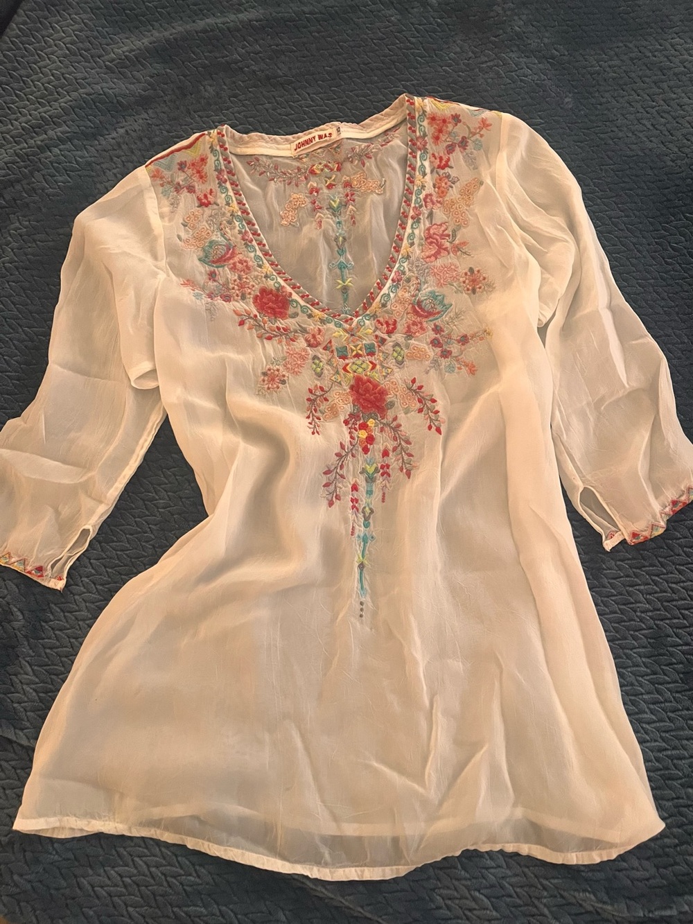 Johnny Was Ivory Embroidered V-Neck Tunic with Multicolor Floral Detail
